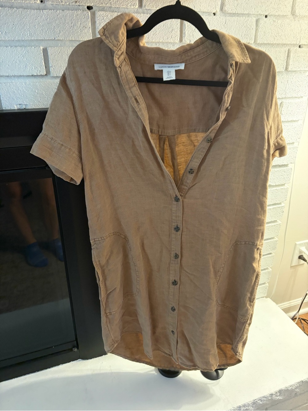 Lucky Brand Tan Short-Sleeve Button Front Mini Dress